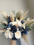 Boho Dusty Blue White Ivory Pampas Wedding Boho Bridal Bouquet Ivory Wedding Bouquet Blue Ivory Artificial Faux Flowers Bridesmaid Bouquet wedding flower
