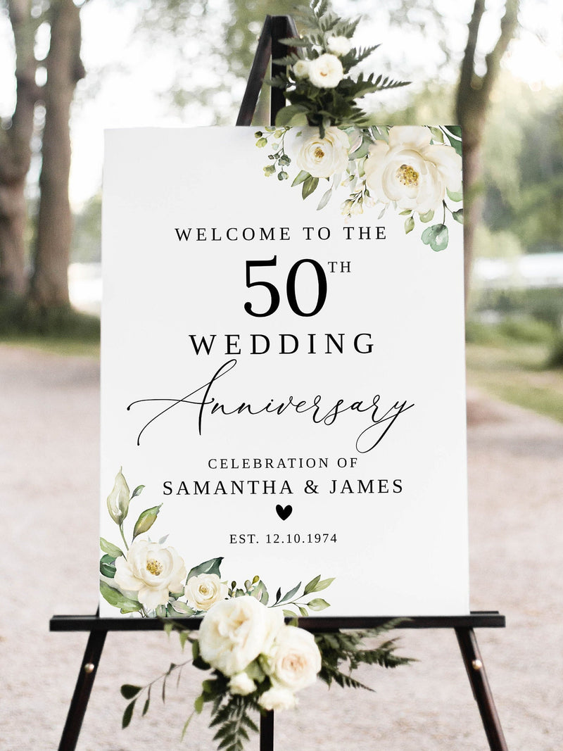 50th Anniversary Welcome Sign, Floral Wedding Anniversary Sign, Happy Anniversary, Anniversary Decor, White Flowers, Templett, #B36 ANNIVERSARY