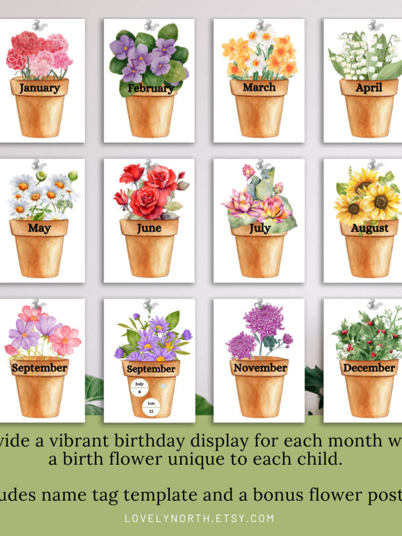 Birthday Month Flower Display | Classroom Birthday Decor | Editable Template | Bonus Reference Poster birthday flower