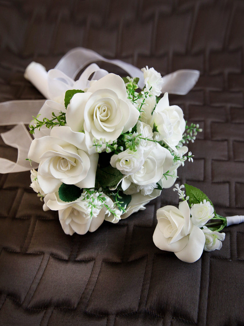 White Rose Wedding Bouquet, Groom Boutonniere, Ribbon Handle Bouquet