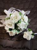White Rose Wedding Bouquet, Groom Boutonniere, Ribbon Handle Bouquet