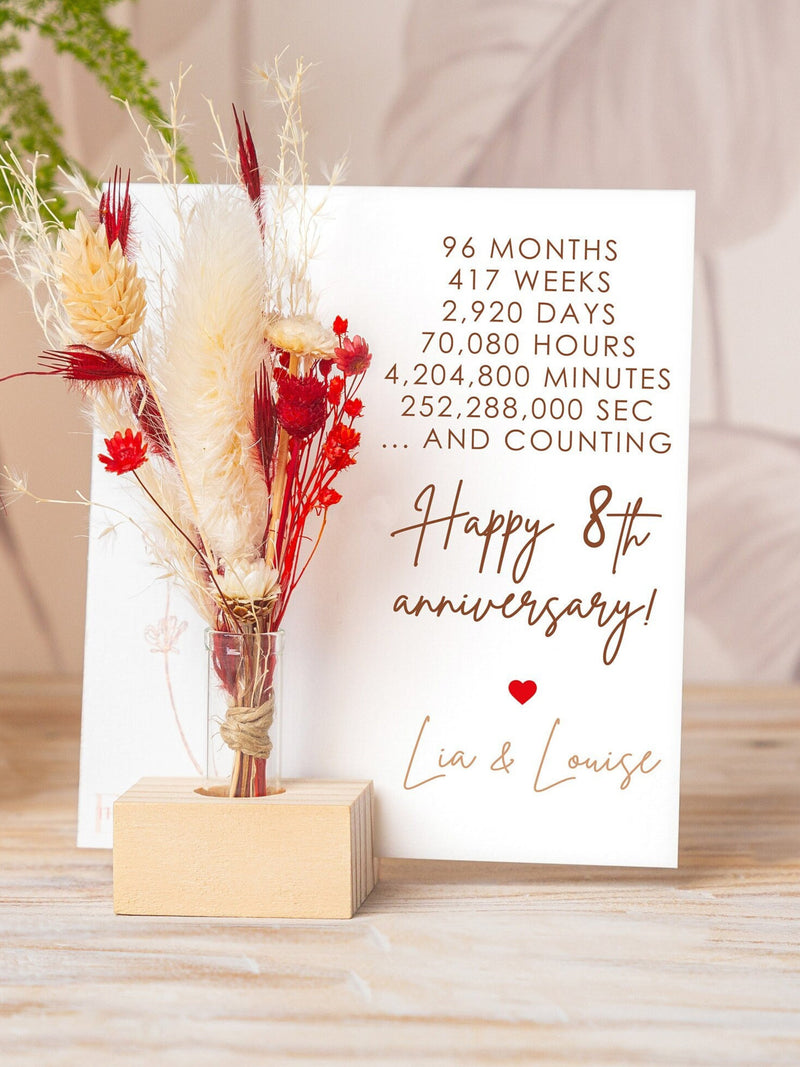 Anniversary Card with custom date, months, minutes, seconds Gifts, Dried Flower Bouquet, Happy Anniversary For couple, counting years gift ANNIVERSARY
