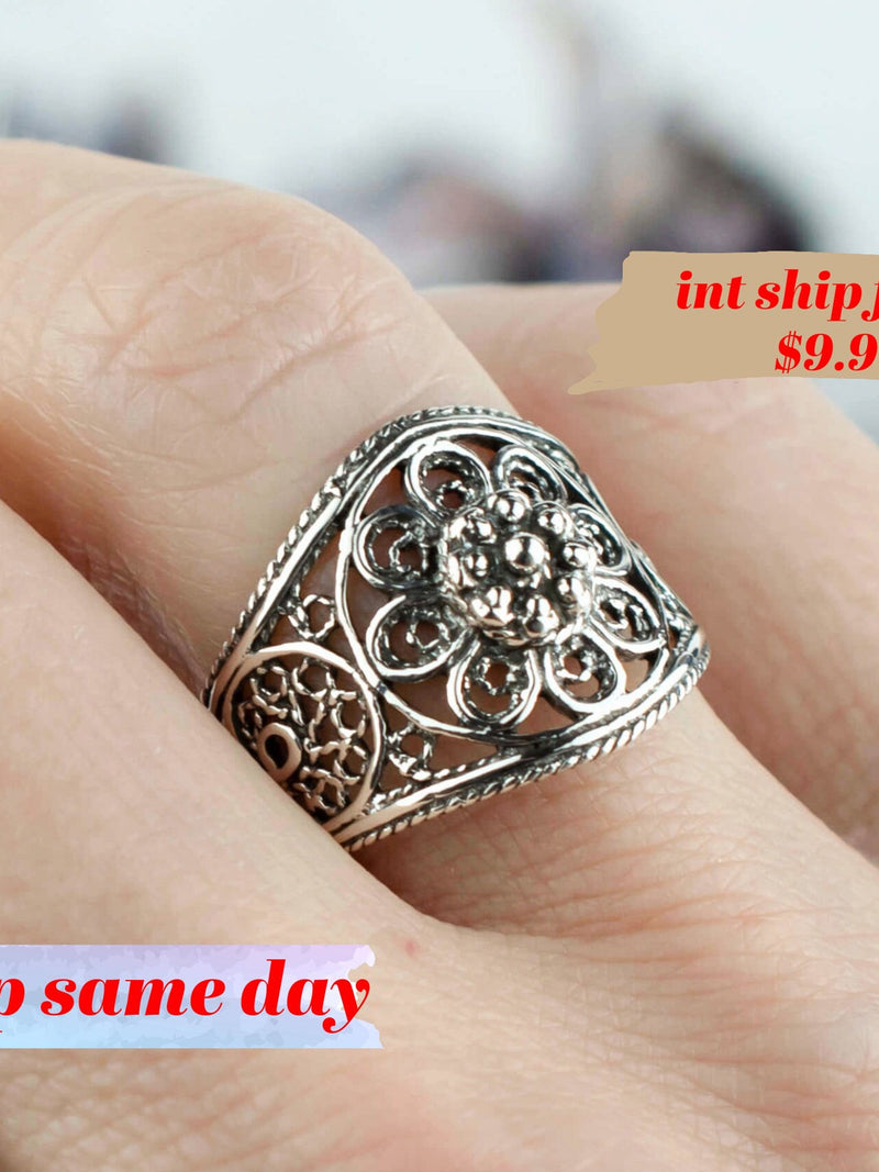 Sterling Silver Women Cocktail Ring, Flower Lace Anniversary Ring, Handcrafted Filigree Art Women Cocktail Ring ANNIVERSARY