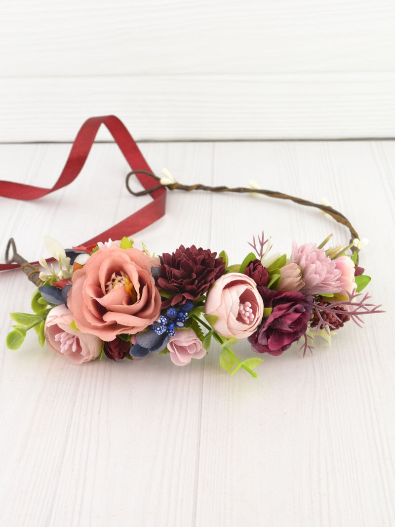 Flower crown wedding flower head wreath women Flower headband burgundy pink navy Flower hair crown dusty rose Flower crown women Floral halo wedding flower