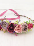Flower crown adult flower headpiece wedding flower hair piece girl purple pink flower headband floral hair wreath rustic wedding crown women wedding flower