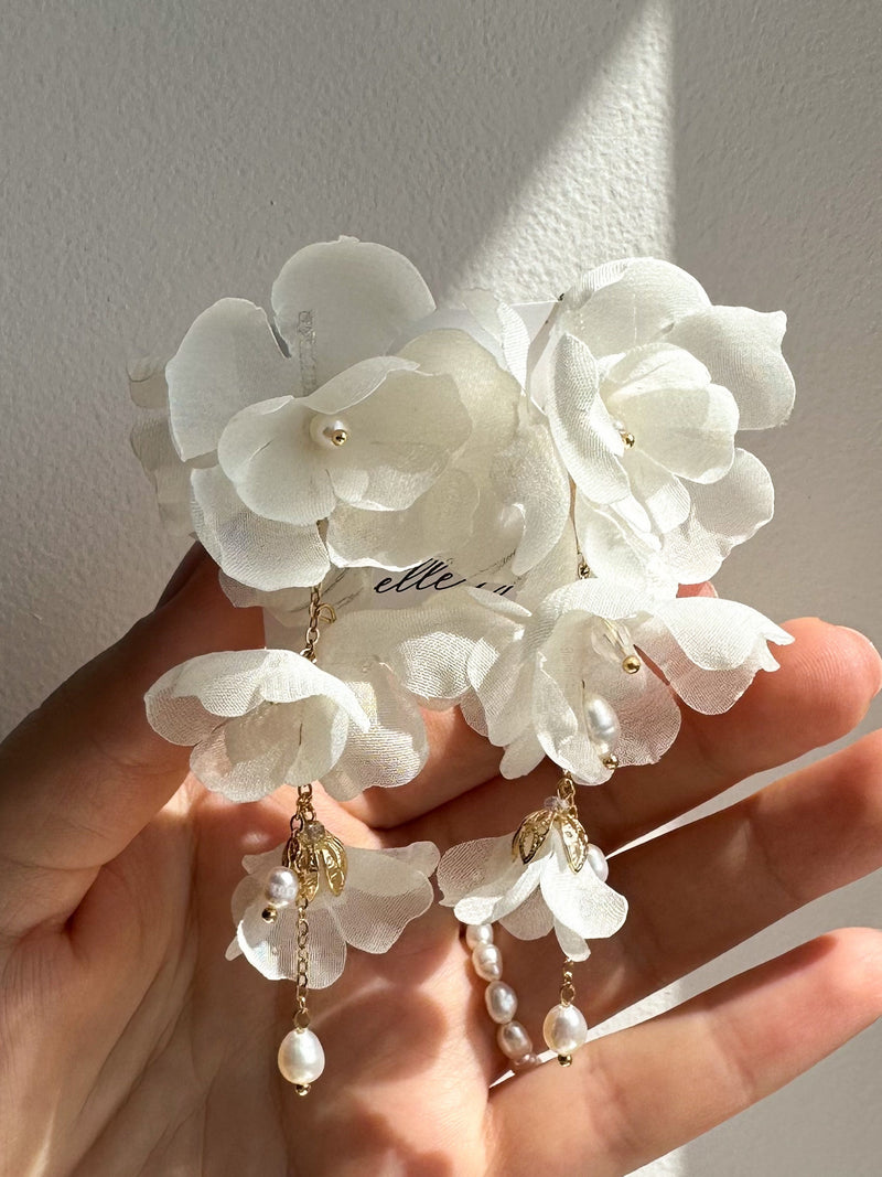 Fabric flower earrings for bride, Boho blooms flower earrings, Chiffon botanical silk earring, Gold earrings botanical silk flower