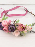 Flower crown boho flower headband bridal flower headpiece wedding pink purple Floral hair wreath women Flower hair crown boho Rustic halo wedding flower