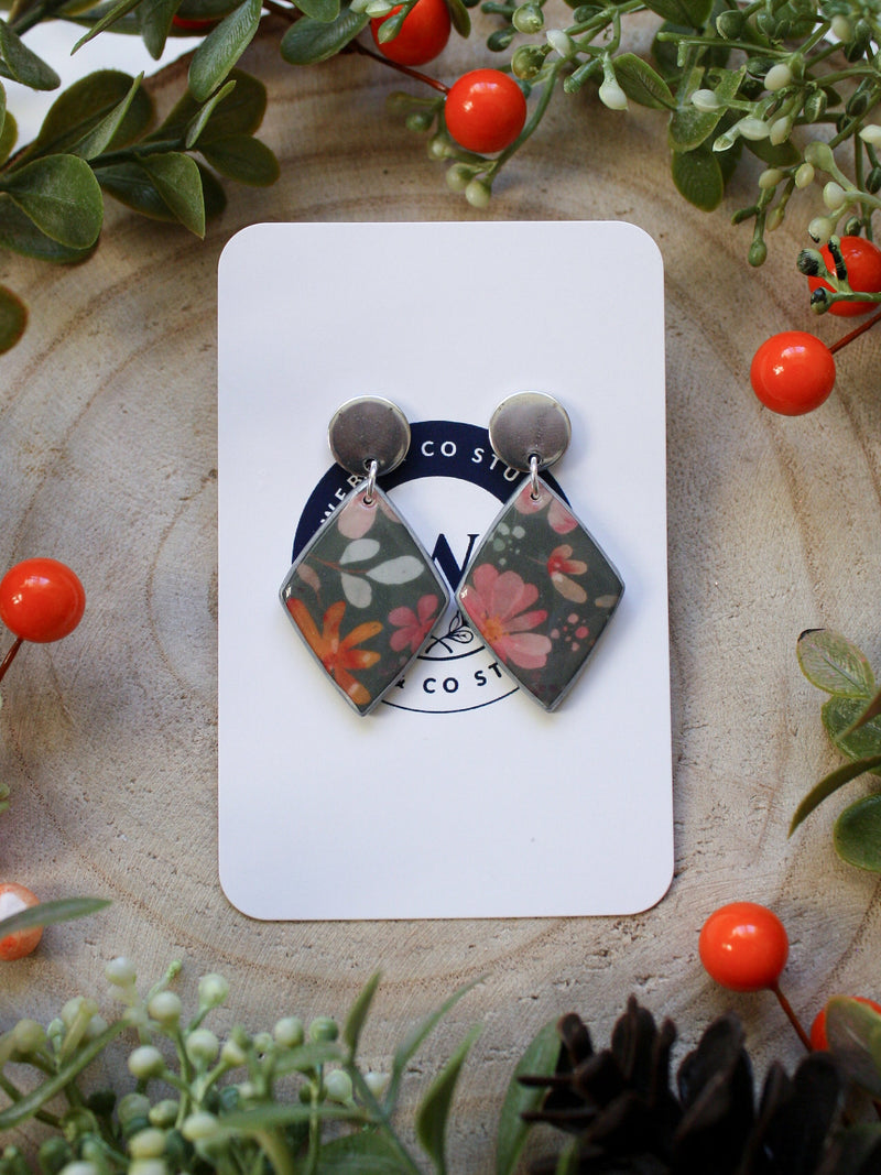 Diamond Drop Earrings | Handmade Jewellery | Polymer Clay | Green Floral Design | Flower Pattern FLOWER DELIVERY