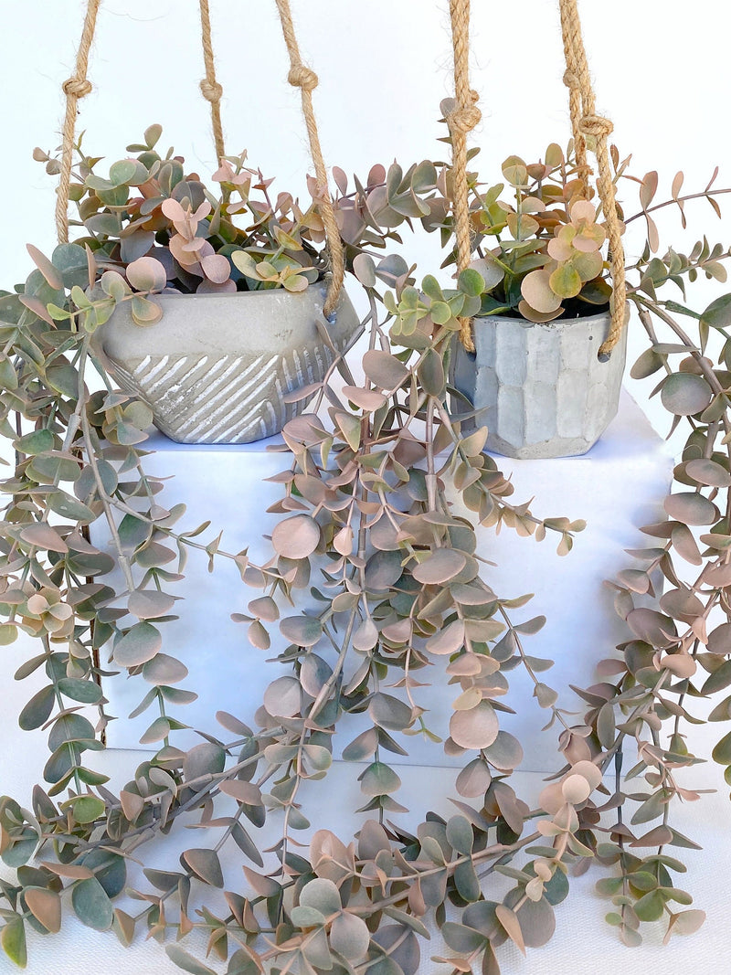 NEW - Pink Eucalyptus Faux Hanging Plant in Handmade Concrete Pot - with Jute Twine OR as Floating Shelve Decor faux plants