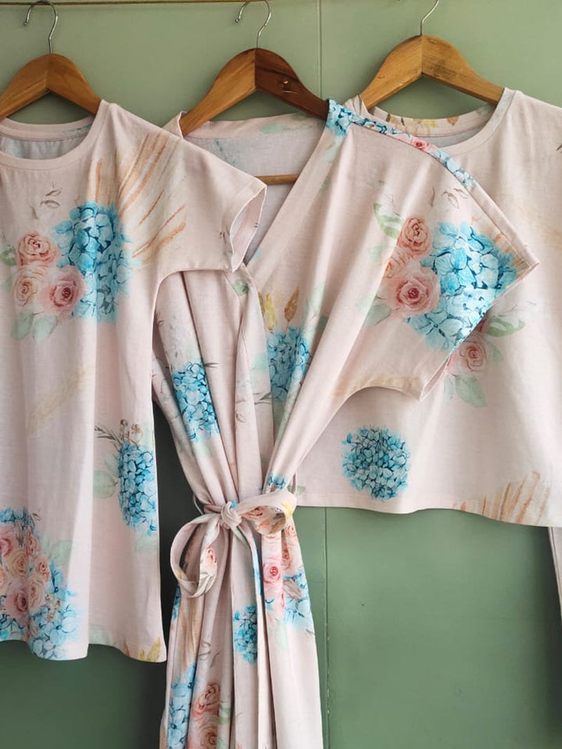 Delivery Robe and Gown Set - Flower Edition - Bohemian Hydrangea | Matching T-Shirts for Dad, Older Siblings & a Swaddle. FLOWER DELIVERY