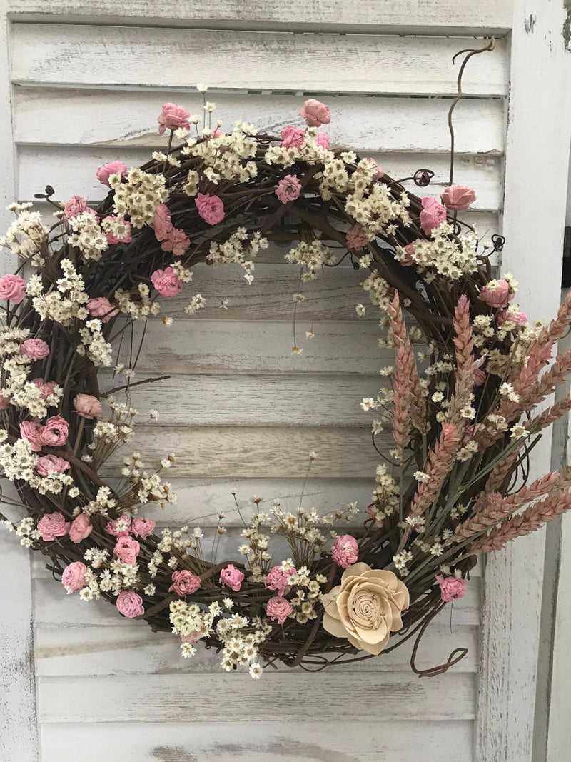 Dried Flower Pink & Cream Medium Wreath house warming flower