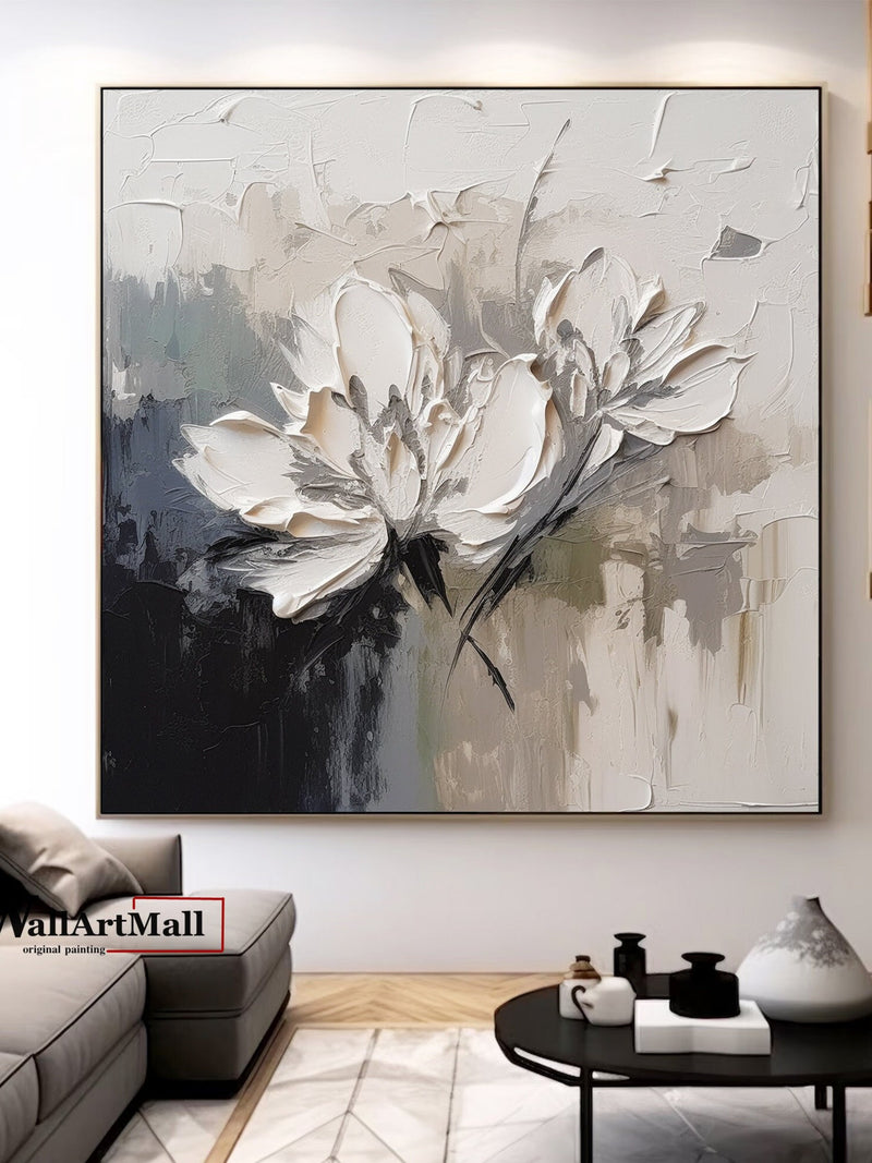 Large 3D Textured White Flower Painting 3D Textured Flower Canvas Wall Art Original Flower Acrylic Painting Gray Heavy Textured Painting ANNIVERSARY