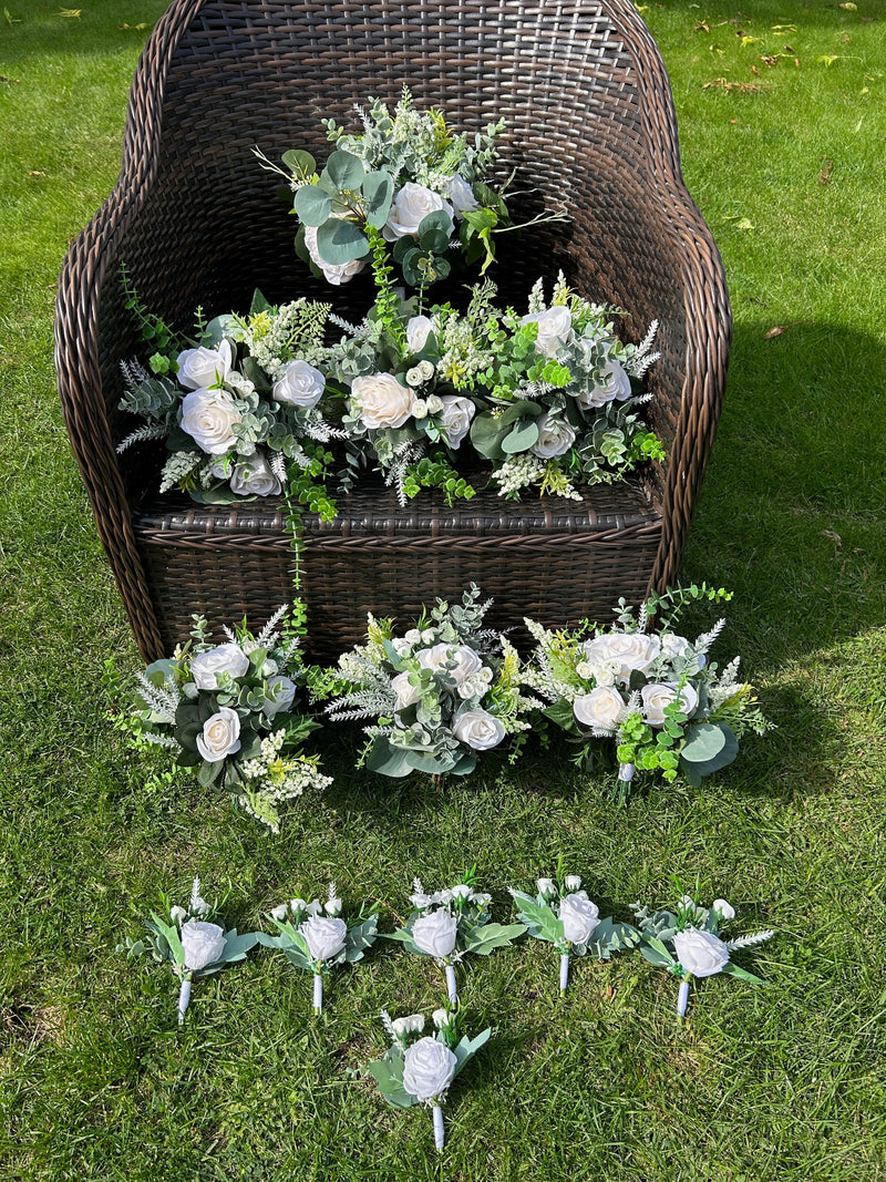 Wedding package with white silk flowers & eucalyptus/Bridal bouquet/Bridesmaid bouquets/Boutonnieres/Silk Wedding set/Wedding faux flowers silk flower