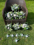 Wedding package with white silk flowers & eucalyptus/Bridal bouquet/Bridesmaid bouquets/Boutonnieres/Silk Wedding set/Wedding faux flowers silk flower