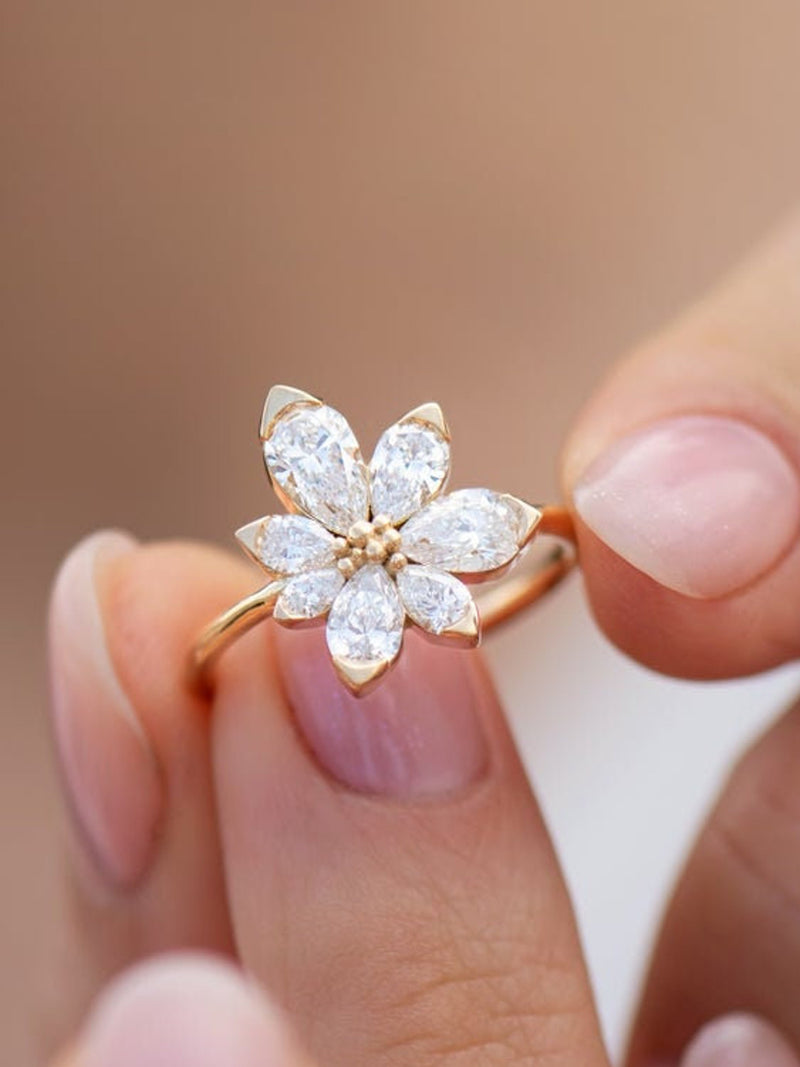 Pear Moissanite Ring Engagement Ring 14K/18K Solid Gold Ring Anniversary Ring Wedding Ring Gift For Her Promise Ring For Woman Flower Ring ANNIVERSARY