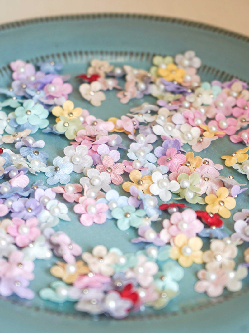 20PCS Tiny Satin Fabric Flowers - 12mm (0.47 inches) with Faux Pearls, 20 Colors, Sew-On Mini Floral Decor silk flower