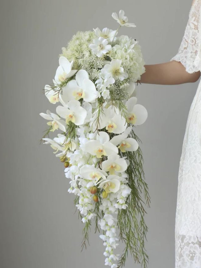 US DDP White Orchid Cascading Bouquet, Bridal Bouquet, Rustic Wedding Flower Bouquet