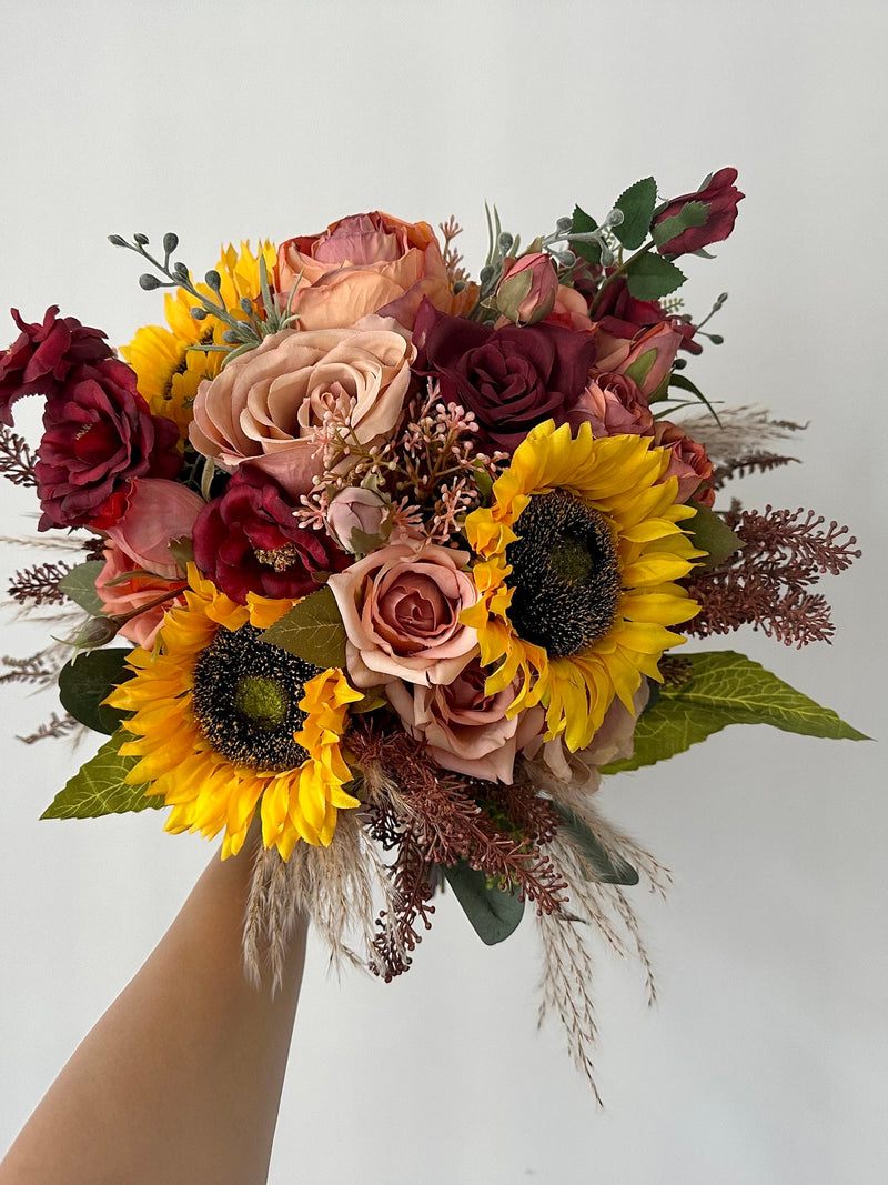 Sunflower & Burgundy Rose Wedding Bouquet with Dried Pampas Grass Bouquet