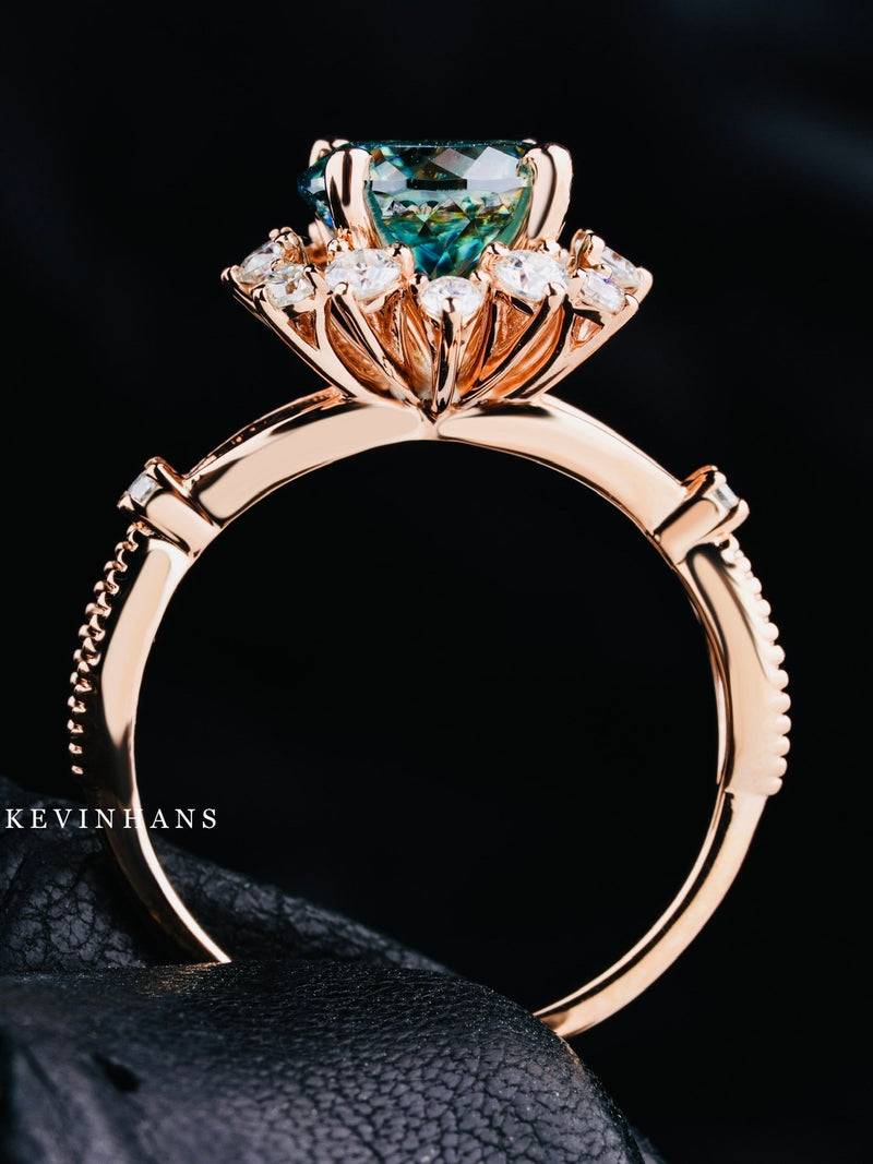 Antique 2.50 Ct Portuguese Cut Moissanite Engagement Ring 14K Rose Gold Halo Ring Floral Ring, Flower Ring For Women Anniversary Ring gift ANNIVERSARY