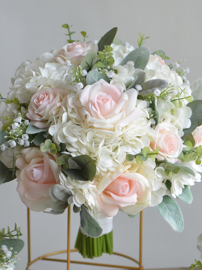 Cream Blush Faux Real Touch Roses & Hydrangeas Wedding Bouquet, baby's breath, Dusty Millers, Bridesmaids Bouquets, Boutonnieres Bouquet