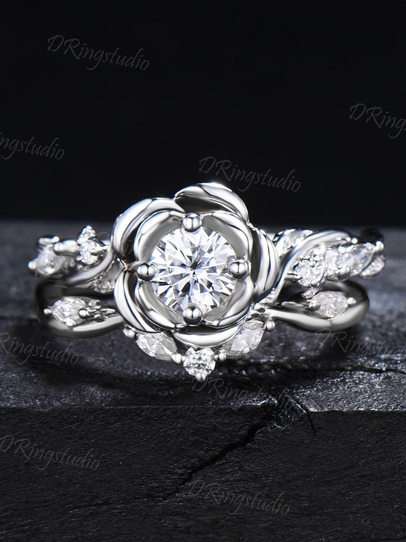 Rose Flower Moissanite Engagement Ring Set 5mm Round Moissanite Bridal Set Silver Floral Ring Nature Inspired Entangled Vine Ring Women Gift ANNIVERSARY