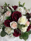 Faux Burgundy Blush And Ivory Wedding Bouquet, Dark Red Bridal Bouquet, Bridesmaids Bouquet, Roses and Eucalyptus, Real Touch Fake Flowers wedding flower
