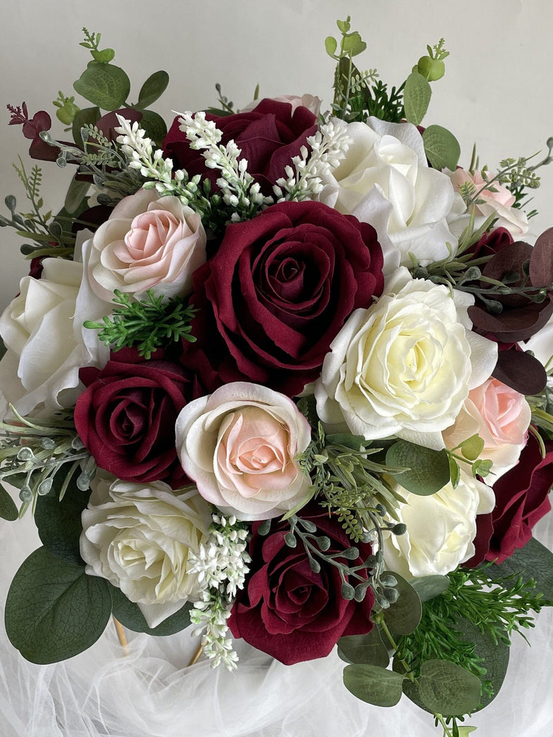 Faux Burgundy Blush And Ivory Wedding Bouquet, Dark Red Bridal Bouquet, Bridesmaids Bouquet, Roses and Eucalyptus, Real Touch Fake Flowers Bouquet