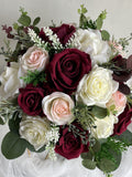 Faux Burgundy Blush And Ivory Wedding Bouquet, Dark Red Bridal Bouquet, Bridesmaids Bouquet, Roses and Eucalyptus, Real Touch Fake Flowers Bouquet
