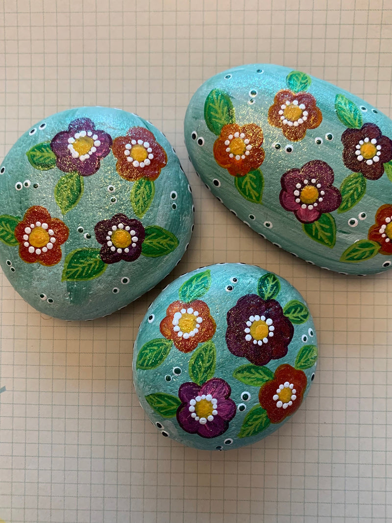 Hand Painted Flowers Rocks, Spring Flower Set , Garden decoration, googly eyes house warming flower