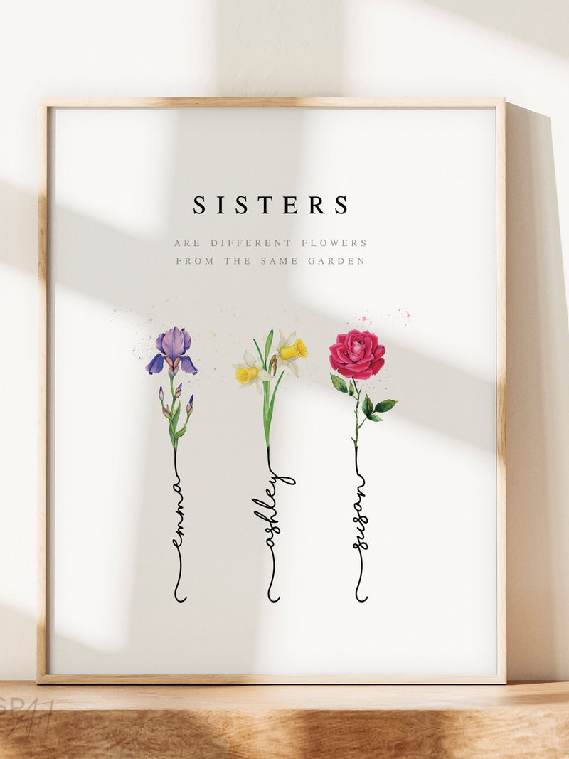 Personalized Birth Month Flower Print: Sisters Gift, Custom Watercolor Art (Digital File) birthday flower