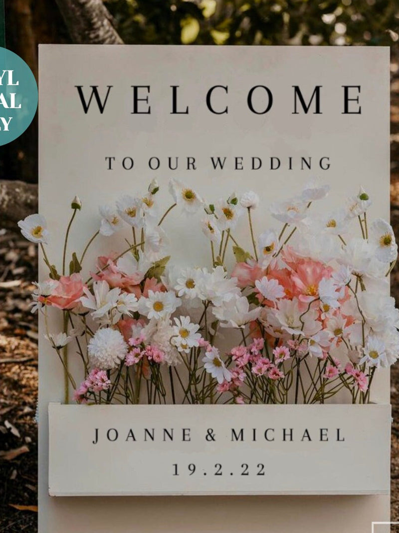 Rustic Welcome Sign Flower Box Decal Custom Flower Box Sign Decal Personalised Welcome Decal for Wedding Reception Sign Custom Wedding Decal wedding flower