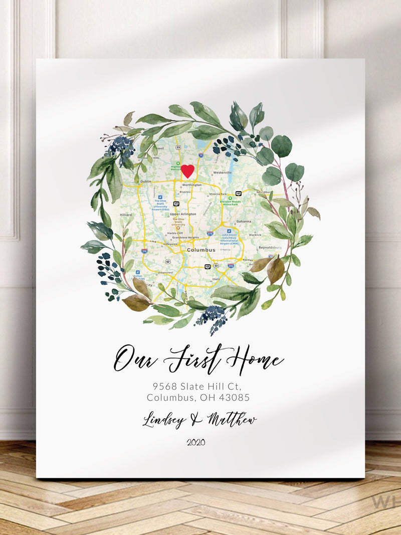 Personalized Housewarming Gift for couple, First Home Gift idea, Wreath Map Art, Home Sweet Home, Realtor Gift, New Home, DOWNLOAD house warming flower