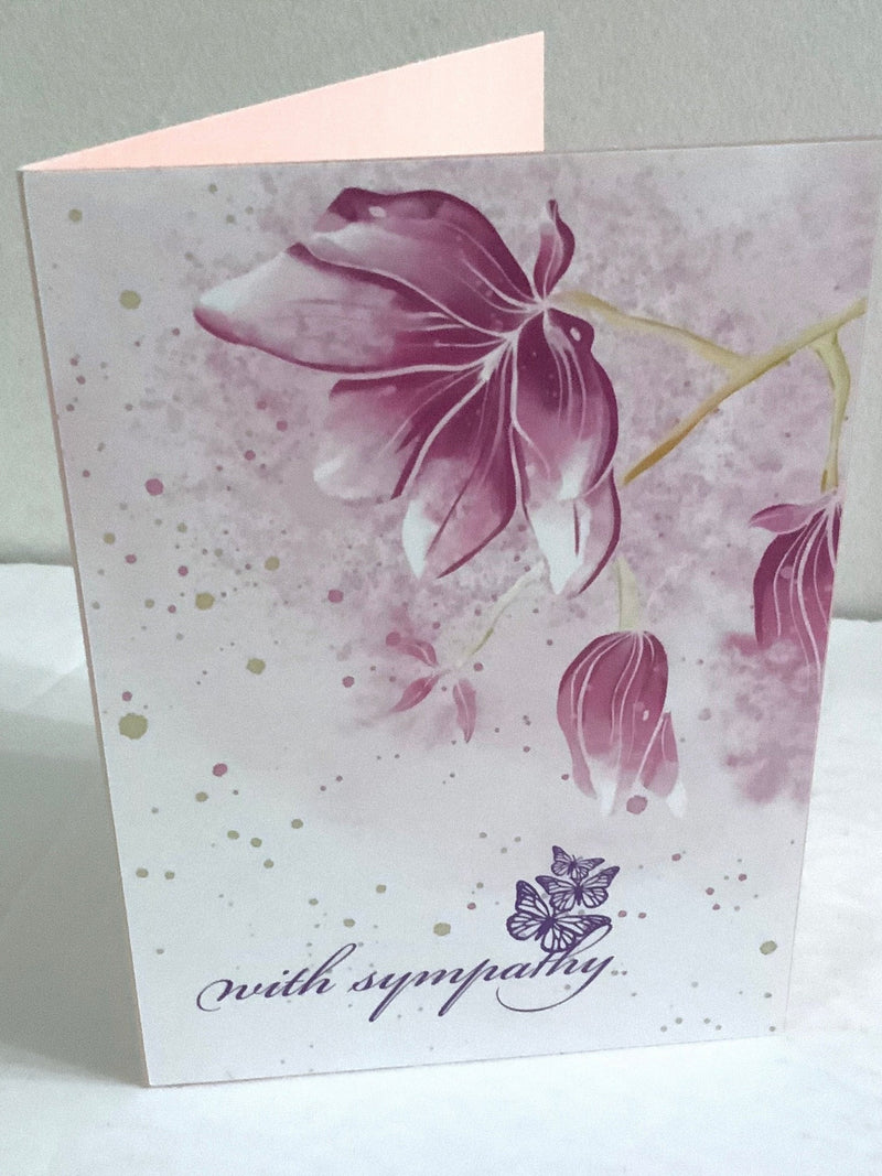 With Sympathy Flower Card , Blank inside , Pink , Purple , Friend , Family , Loss , Butterfly sympathy flower
