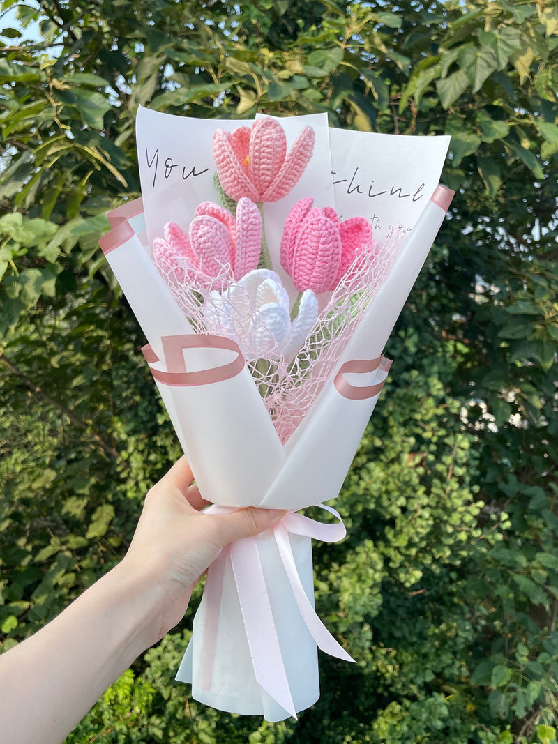 Crochet Flowers, Crochet Tulips Rose, Crochet Flower Bouquet, Knitted Flowers, Gift for Girlfriend, Mom, Birthday,Crochet Pink Purple Tulips FLOWER DELIVERY