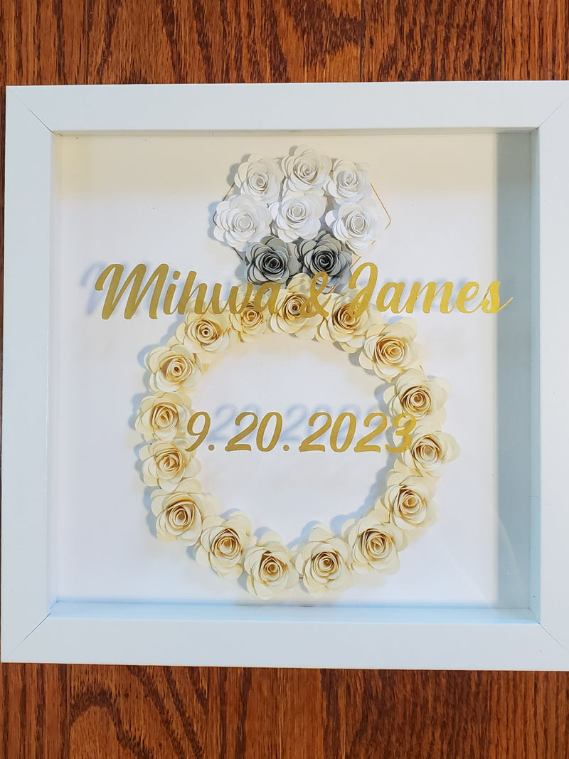 Personalized Paper Flower Ring Shadow Box, Wedding Anniversary Gift ANNIVERSARY