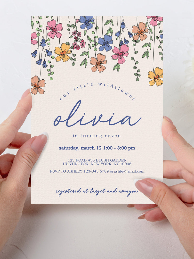 Wildflower Birthday Party Invitation Template, Printable Instant Download Birthday Evite, Wild Flower Design, Pastel Colors,Editable, WFLWR birthday flower