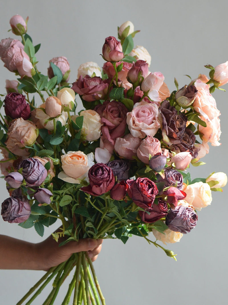 24.8Ò Fake Fall Colors Roses, 5 Heads Dried Look Rosebuds, Vintage Wedding/Home/Kitchen Decorations, Gifts For Her, DIY Florals/Bouquets silk flower