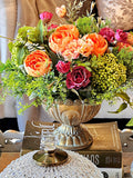 Floral centerpiece of plum-red roses & orange peonies in gold metal vase, Faux silk flower arrangement, artificial green fern, berries silk flower