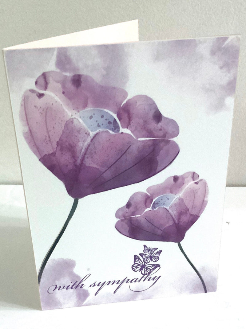With Sympathy Flower Card , Blank inside  , Purple , Friend , Family , Loss , Butterfly sympathy flower
