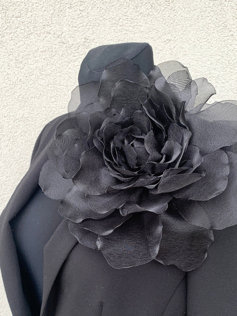 Black rose corsage oversized Extra large flower brooch pin silk flower