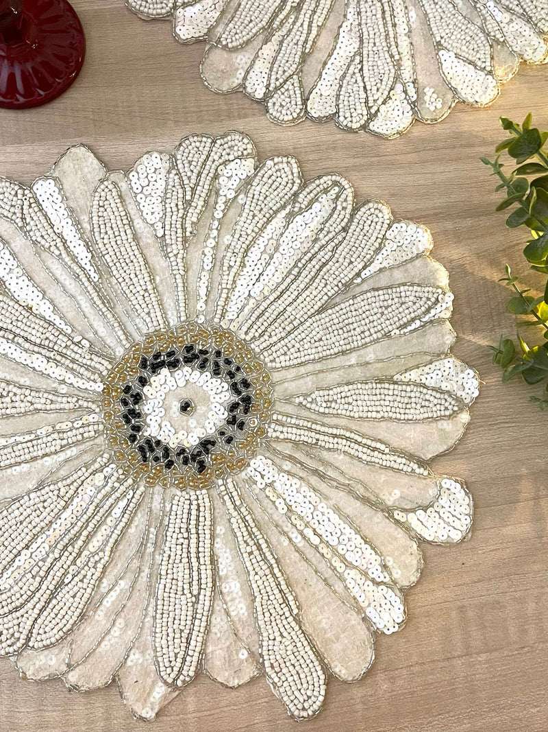 Handmade beaded placemat, floral white tablemat, 14 inch, charger plate house warming flower