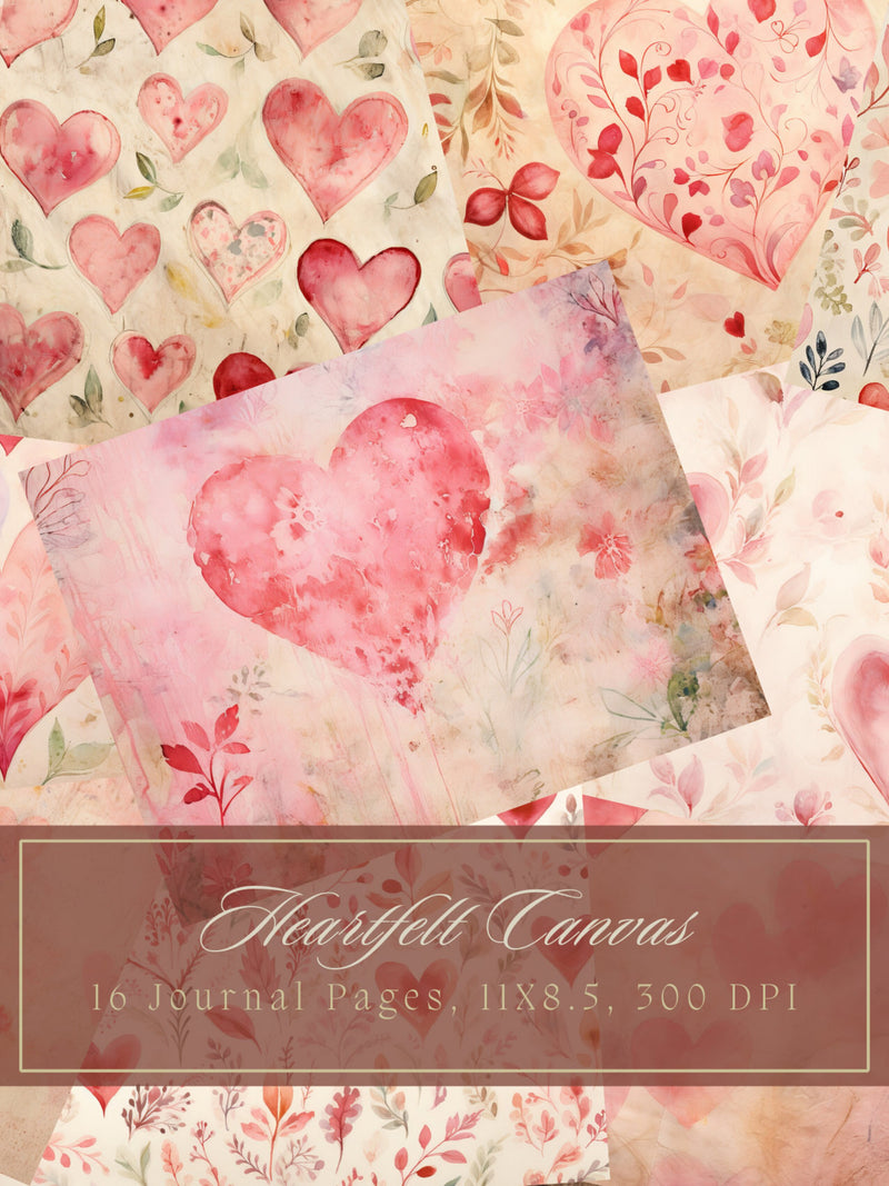 Watercolor Hearts Junk Journal Kit Vintage Romance Digital Paper Scrapbooking Vintage Ephemera Romantic Journal Page Valentine Backgrounds Love Romance Flower