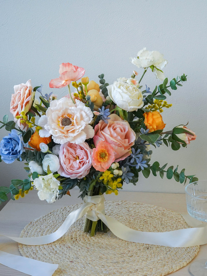 Midsummer Bloom - Dusty Blue Peach Orange Poppies and Roses Artificial Wedding Bridal Bouquet silk flower