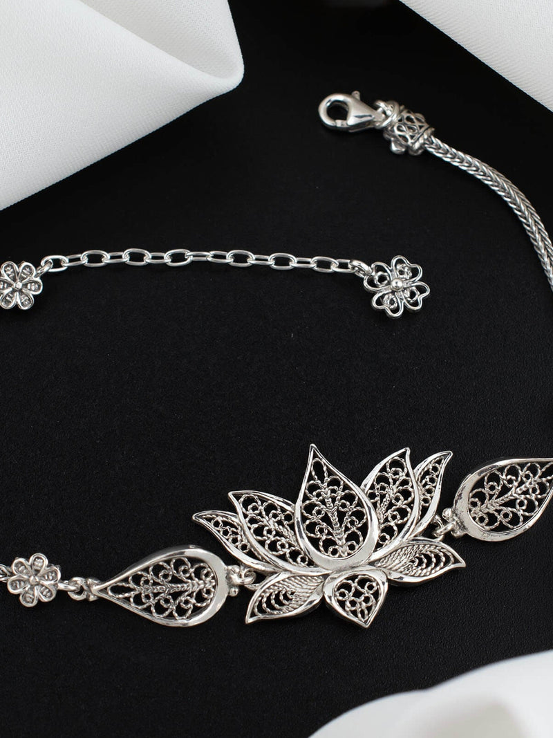 Lotus Flower Sterling Silver Woman Link Bracelet, Filigree Art Adjustable Charm Bracelet, Handmade Silver Bracelet, Anniversary Git Her ANNIVERSARY