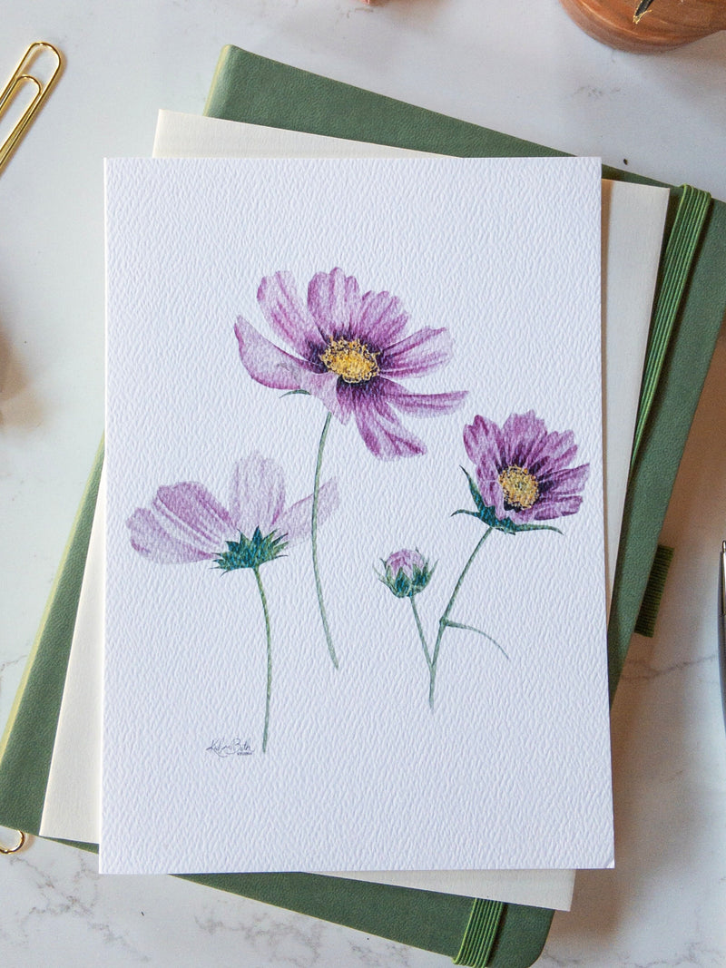 Cosmo Greeting Card | Mother's Day Card | Pink Cosmo Illustration Card | Any Occasion Card | Watercolour Floral Stationery | Wildflower Card flower spore