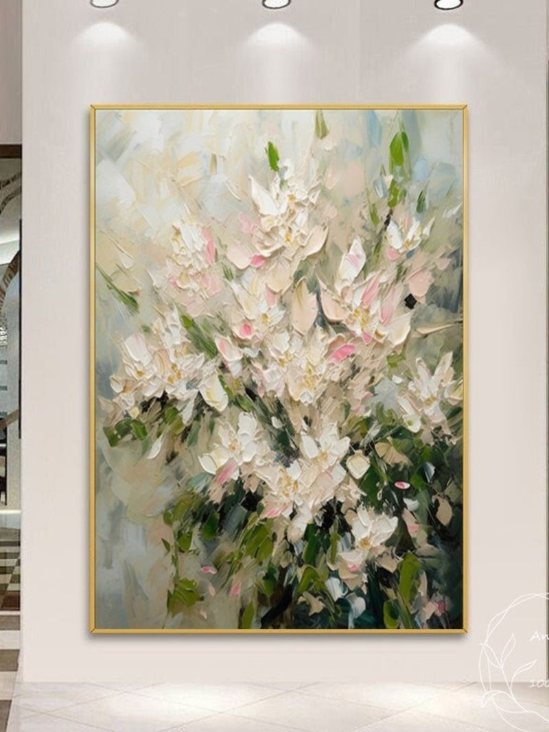 3D White Abstract Texture Floral Wall Art White And Pink Flower Oil Painting Original Knife Floral Landscape Wall Art Living Room Home Decor house warming flower