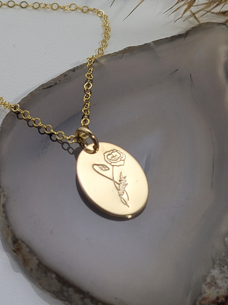 Hand Stamped Birth Flower Oval Pendant Necklace - Personalized Floral Jewelry, 14K Gold Filled, Sterling Silver,  Minimalist, Gift for her birthday flower