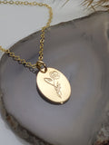 Hand Stamped Birth Flower Oval Pendant Necklace - Personalized Floral Jewelry, 14K Gold Filled, Sterling Silver,  Minimalist, Gift for her birthday flower