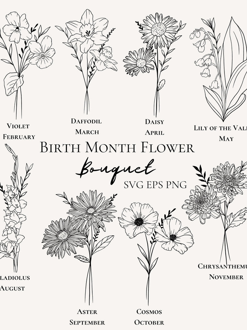 Birth Month Flower Bouquet Drawing: Floral Birthday Gift (Digital Download) birthday flower