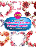 100 Watercolor Valentine Flower Frame Clipart -Blooming Love: Floral Romance Borders for Invitations, Cards, and Crafts Love Romance Flower